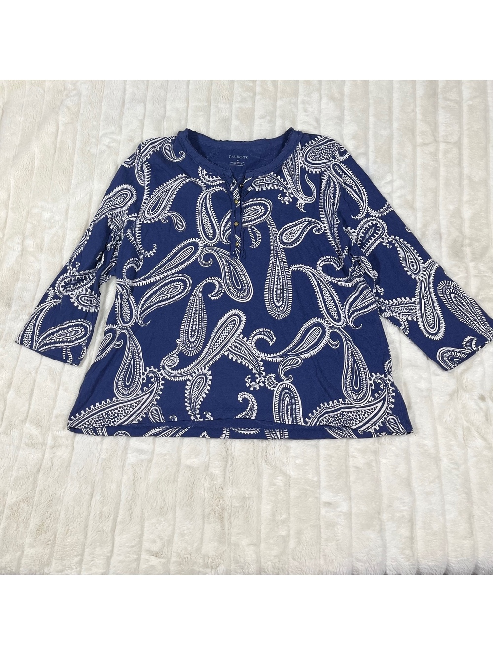 Talbots XL Preppy Dark Blue Paisley Cotton Blend Casual Fall Midwest Teacher Top